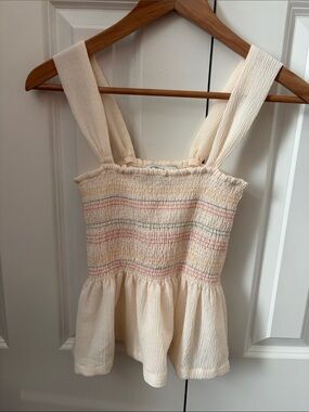 Madewell Cream Smocked Peplum Camisole with Subtle Multicolor Stripes